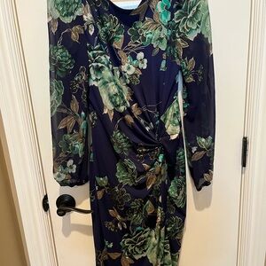 Leslie Fay Navy and Green Floral Long Sleeve Dress